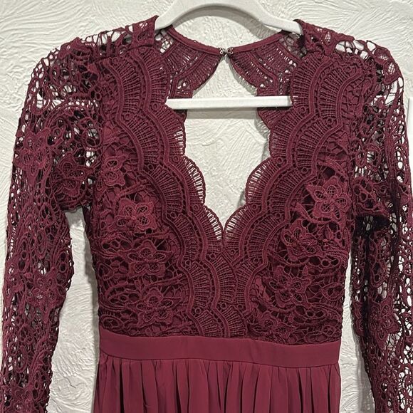 Lulus Awaken My Love Burgundy Long Sleeve Lace Maxi Dress Size Small - Picture 5 of 7